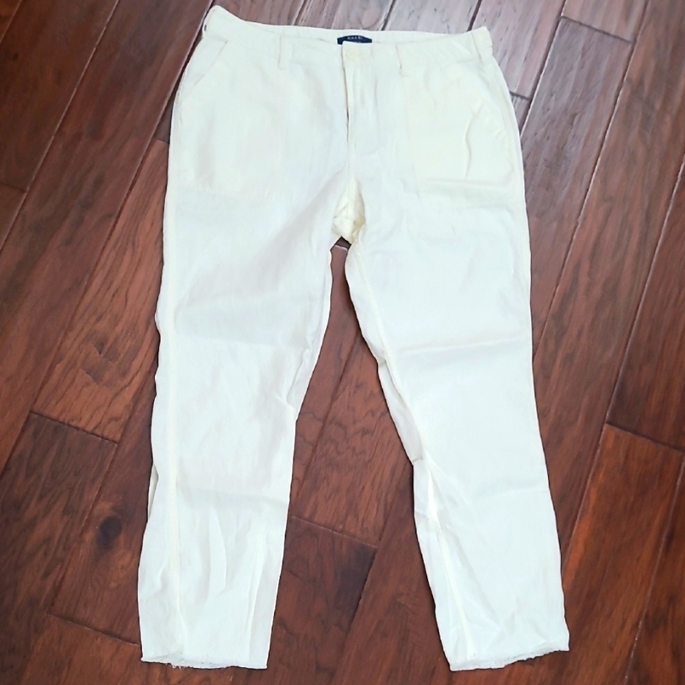 Kaari Blue Cream Linen Blend Ankle Pants with Fringe Hem size 12